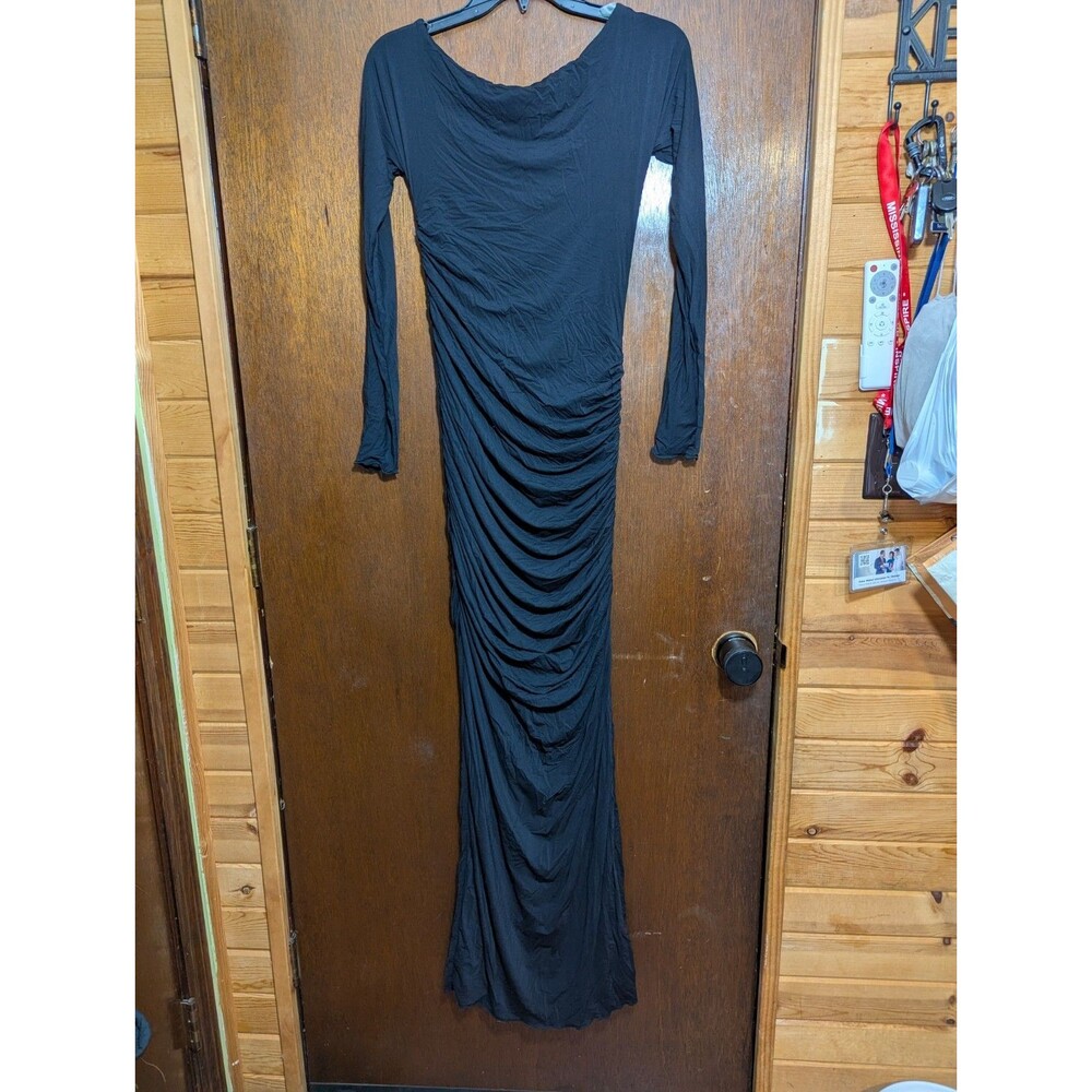 Naked Wardrobe Black Ruched Maxi Dress M Medium Long Sleeve Boat Neck Bodycon